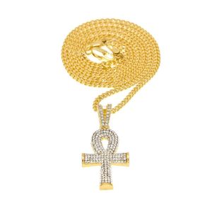 Hochwertige Mode Vintage neue ägyptische Ankh Schlüssel des Lebens Anhänger Halskette Gold Silber mit Bling Strass Hip Hop Männer Frauen J7080487