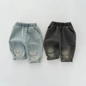 Calças nascidos bebê menina menino moda jeans calça remendo denim infantil criança criança bolso calças casuais primavera roupas 6-24m