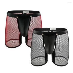 Underpants Men's Mesh Boxer Underwear Sexy Low Waist Hollow Out Breathable Lingerie Erotic Open Crotch Man Long Leg