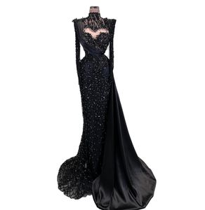 2024 ASO EBI Black Mermaid Prom Dress Crystals Sequined Satin Evening Formal Party Second Reception Födelsedagsengagemang Klänningar Klänningar Robe de Soiree ZJ23
