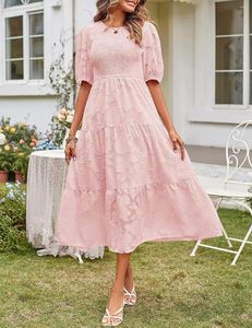 Festklänningar sommar elegant för kvinnor bohemisk kort ärm o-hals vintage veckad bubbla skiktad blommig långa vestidos