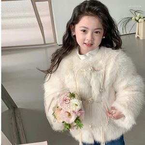 Jackor Kids Girls Faux Fur Jacket Winter Coat for Children Top Market Pearl Button Up Fleece Outwear Långärmkläder