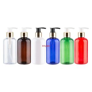 220ml Empty Colored Round Plastic Bottles With Gold Aluminum Screw Pump 12Pcs PET Lotion Bottle Used For Shampoo Shower Gelgood package Iaul