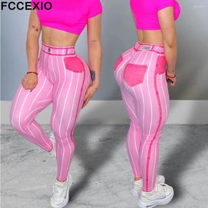 Leggings femininas FCCEXIO Moda Denim Stripe Imprimir Mulheres Esportes Cintura Alta Correndo Sexy Apertado Fitness Workout Yoga Gym Push Up Cowboy P