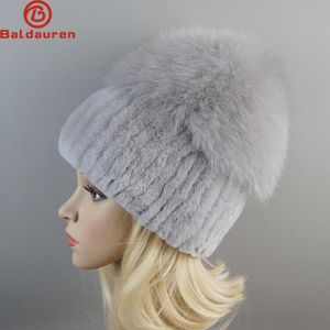 Russia Stile Donna Vera Pelliccia di Volpe Genuina Berretti Cappello Ragazze Naturale Reale Rex Pelliccia Del Coniglio Skullies Berretto In Maglia Inverno Vera Pelliccia cappelli 240123