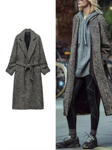 Zbza Kvinnor Bälted HerringBone Coat Autumn Winter Lapel Collar Long Hides Welt Tickets Back Slit Belt Twill Overcoat FEMA 240122