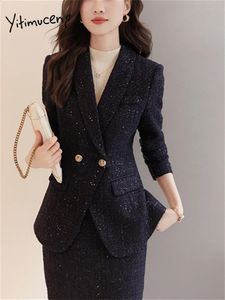 Yitimuceng Fashion Formal Skirt Suits Womens Office Lady Turn Down Collar Double Breasted Blazer Chic Mini Two Piece Sets 240202