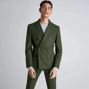 Męskie garnitury dwurzędowe zielone mężczyźni Slim pasuje do towarzyskiego kostiumu marynarki