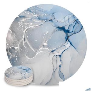 Mats Pads Table Blue Marble Texture Ceramic Set Kitchen Round Placemat Luxury Decor Coffee Tea Cup Coasters Drop Delivery Home Garden Oteiu