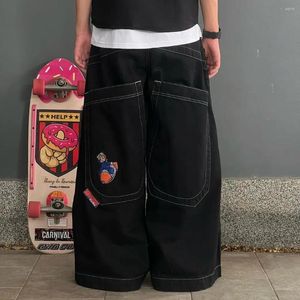 Frauen Hosen Koreanische Casual Mode Schwarz Cartoon Druck Muster Baggy Jeans Y2k Hip Hop Retro Harajuku Distressed Gerade