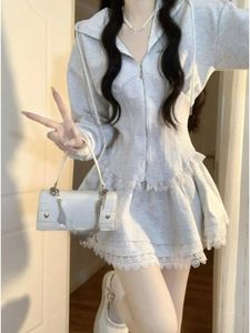 Work Dresses Korean Fashion Clothing Grey Lace 2 Piece Set Woman Casual Hooded Slim Coat Party Y2k Mini Skirt Elegant 2024 Autumn Chic