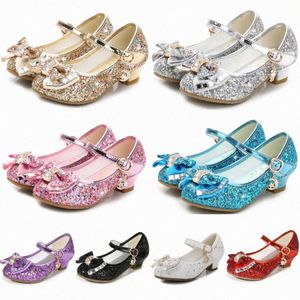 Girls Bow Princess Shoes Kids Toddlers Sandals High Heels Leather Wedding Party Dress Shoe With Sequin Upper Children Dance Performance Sandal l7jg#