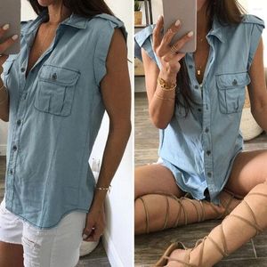 Kvinnors blusar jeans avslappnade sexiga kvinnor avvisar krage ärmlös elegant denim t-shirt toppar