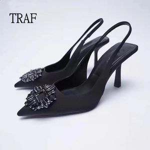 Traf Black Women Pumps Shoes Fashion Rhinestone High Heals Memale Sandals Stileetto Pointed Toe Weddings Bridal Shoes Lady 240129