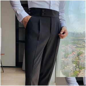 Ternos masculinos blazers recortados homem terno calças de cintura alta noivo vestido de festa escritório formal lápis calça magro ajuste casual calças masculinas gota de otasp