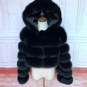 100％冬の女性リアルフォックスファーコート厚い温かい高品質フルスリーブナチュラルファーファッションフード付きショートジャケット240122