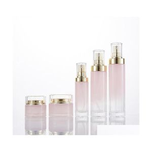 Barattolo di crema all'ingrosso gradiente di vetro rosa vasetti cosmetici bottiglie di pompa per lozione con coperchi dorati 30G 50G 40Ml 100Ml 120Ml Consegna a goccia Offi Dh6Uh