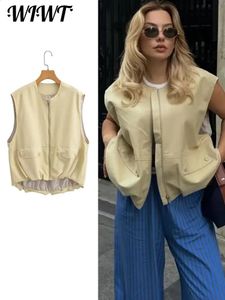 O-hals ärmlös dragkedjan Womens Tank Top 2023 Autumn Pocket Drawstring Womens Tank Top Casual Loose Street Clothing Fullt Matched Jacket 240216