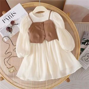 Primavera outono bebê ternos menina colete vestidos de manga longa 2 peça crianças bonito vestido de princesa crianças chiffon vestido 2 to10t 240130