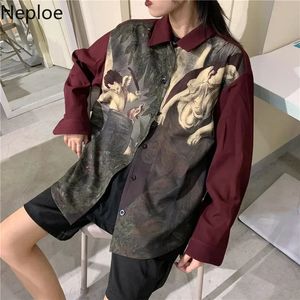 Neploe Vintage Angel Print Blue Shirt Japanese Streetwear Blusas Cardigan Långärmad överdimensionerad toppar Kvinnor Män kläder 240202