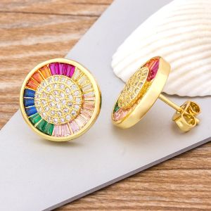 Qualidade superior delicado 14k ouro amarelo zircão cristal redondo parafuso prisioneiro cor do arco-íris brincos de amor romântico para mulheres meninas presente