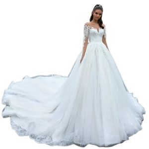 .Elegant en linje vit prinsessa bröllopsklänningar juvelhals 3/4 lång ärm spetsar applikationer land brudklänningar fick satin vestido de novia 01