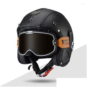 Caschi moto Casco aperto in pelle Keaz con vetro Halley 3/4 mezzo getto per uomo Cruiser Chopper Ciclomotore Scooter Drop Delivery Au Otc6W