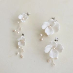 Slbridal Ins Style Sparkling Zircon Crystal Rhinestones Porslin Flower Freshwater Pearls Bridal Wedding Earring Women Earrings 240202