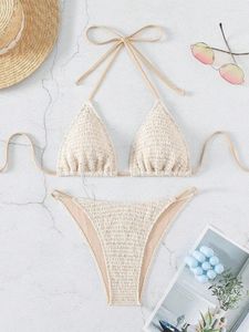 Kvinnors badkläder sexig beige rynkig halter mikro mini bikini sätter två stycken binder kvinnor thong baddräkt kvinnlig baddräkt biquini