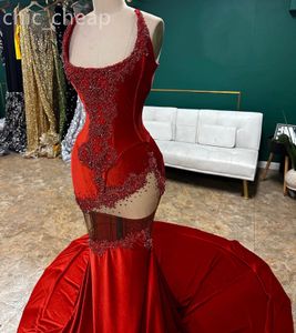 2024 ASO EBI Red Velvet Mermaid Prom Dress Beaded Crystals Lace Evening Formal Party Second Reception Birthday Engagement Gowns Dresses Robe de Soiree ZJ26