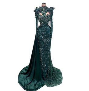 2024 Aso Ebi Hunter Green Mermaid Prom Dress Crystals Sequined Evening Formal Party Second Reception Birthday Engagement Gowns Dresses Robe De Soiree ZJ22