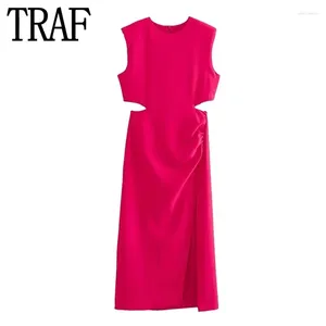 Casual Dresses TRAF Cut Out Long Dress Women Summer Elegant Party For 2024 Rosy Sleeveless Midi Woman Evening