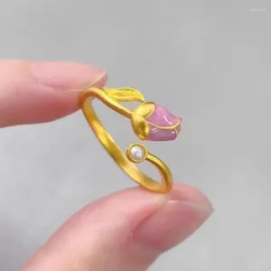 Anelli a grappolo Soild 14K Color oro Fiore di tulipano Anello vivente per le donne Sposa Fidanzamento di nozze regolabile Regali di gioielleria raffinata