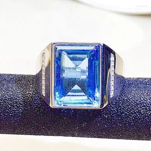 Küme Yüzük Erkekler Halk Doğal Gerçek Mavi Topaz Dikdörtgen Büyük 925 STERLING Gümüş 10 14mm 9.5Ct Taş Takı Başına Taş Fine x225261