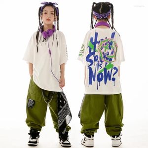 Palco desgaste 2024 crianças jazz moderno trajes de dança para meninas camisetas brancas calças de carga streetwear meninos hip hop rave roupas dn16078