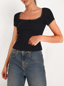 Mulheres camisetas Mulheres Coquette Y2K Crop Tops Manga Curta Lace Trim Estética T-shirts Vintage 90s Square Neck Ribbed Knit Tee