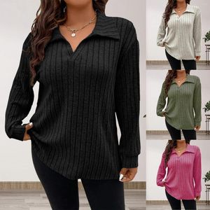 Kadın Bluzları 2024 Bahar Sonbahar Modası Kadınlar Uzun Kollu Düz Renk Şeritli Bluz Seksi Düşük V Boyun Sweaters Üstler Şık Rahat