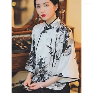 エスニック服女性のための中国の伝統ヴィンテージを失うqipaoシャツチョンサムトップフローラル印刷ビッグスリーブブラウスレトロ