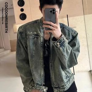 Männer Denim Jacken Mode Vintage Gewaschen Schulter Pad Kurze Jean Mantel Unisex Hohe Stahl Metall Design Stehkragen Kleidung 240130