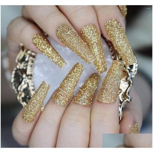 False Nails Glitter Gold Powder Press On Extra Long Coffin Ballerina Shape Fake Fl Er Shiny Ballet Artificial Acrylic Drop Delivery He Ot36G