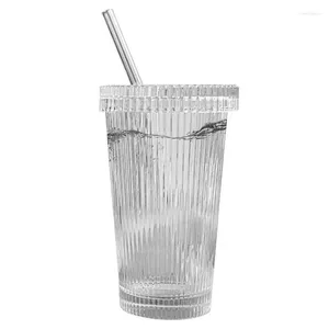 Vinglasglas Ribbade glaskoppar Iced kaffe med lock och sugrör 375 ml matklassstillbehör för whisky