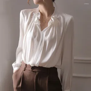 Women's Blouses 2024 Loose Silk Casual Pleated Long Sleeve Tops Women Vintage Shirt V-Neck Elegant Satin White Blouse Fashion 26988