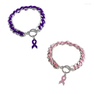 Charm Bracelets 1pcs October Breast Cancer Awareness Pink Purple Ribbon Bracelet Braided Anniversary Chain Decoration PRB005