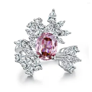 Cluster Rings Fashion Versatile 925 Silver Carmine Red Tourmaline Ring Female Full Diamond Flower Open