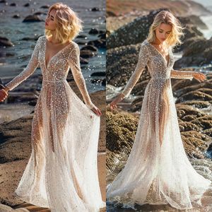 Boho A Line Wedding Dresses Sequined See Through V Neck Long Sleeve Robe De Soiree Bridal Gowns Beach Backless Bride Dress