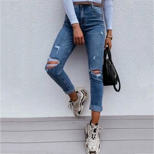Kvinnors jeans y2k låg stigning mager rippade fast färg hög midje hål tunna mode denim byxor överdimensionerad avslappnad