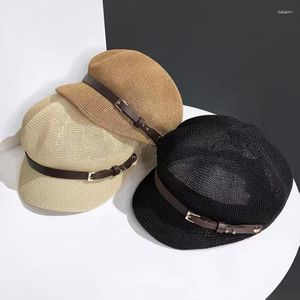 Berets Fashion Octagonal Cap Straw Women Summer Thin Sboy Painter Adjustable Rope Knitted Beret Mesh Breathable Beach Hat