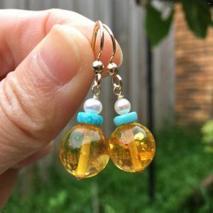 Dangle Earrings Natural Baltic Amber Turquoise White Pearl 14k Gold Ear Stud VALENTINE'S DAY Freshwater Diy FOOL'S CARNIVAL
