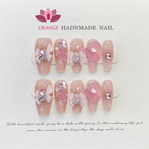 Handmade Y2k Coréia Press On Nails Menina Decoração Reutilizável Unhas Falsas Cobertura Completa Manicure Artificial Wearable Loja de Unhas Laranja 240127