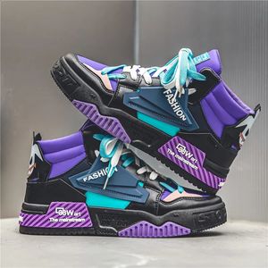 Inverno de couro dos homens alta superior tênis plataforma moda roxo tênis elegante ao ar livre rendas sapatos de skate 240119